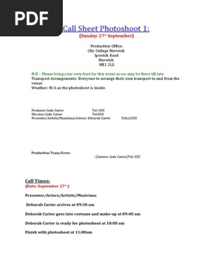 Call Sheet Photoshoot 1