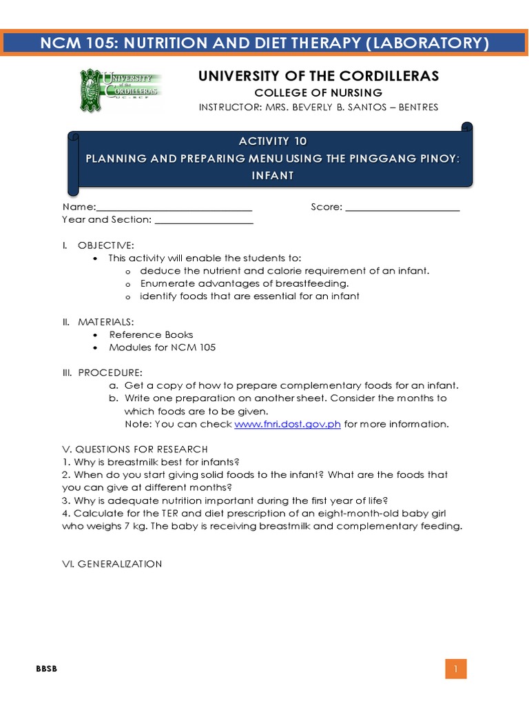 Planning Nutritious Meals for Infants Calculating Dietary Requirements