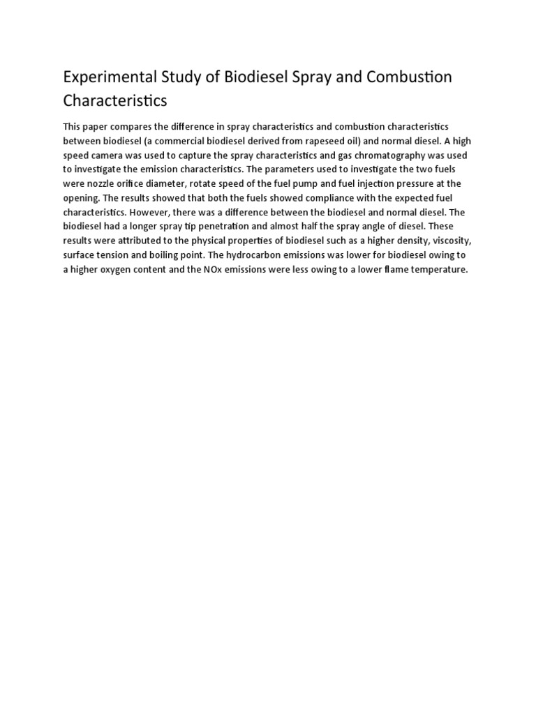 Experimental Study of Biodiesel Spray and Combustion Characteristics | PDF