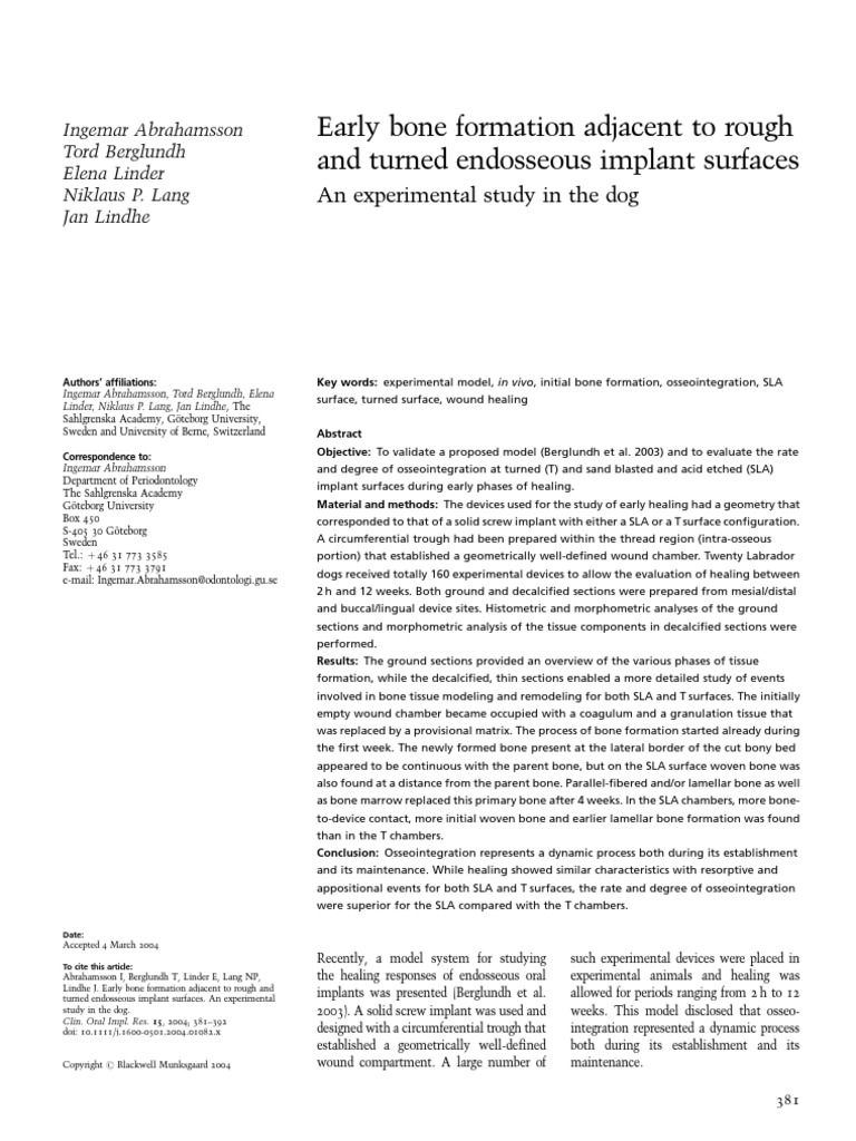 Abrahamsson Et Al - Early Bone Formation at SLA and Turned Surfaces ...