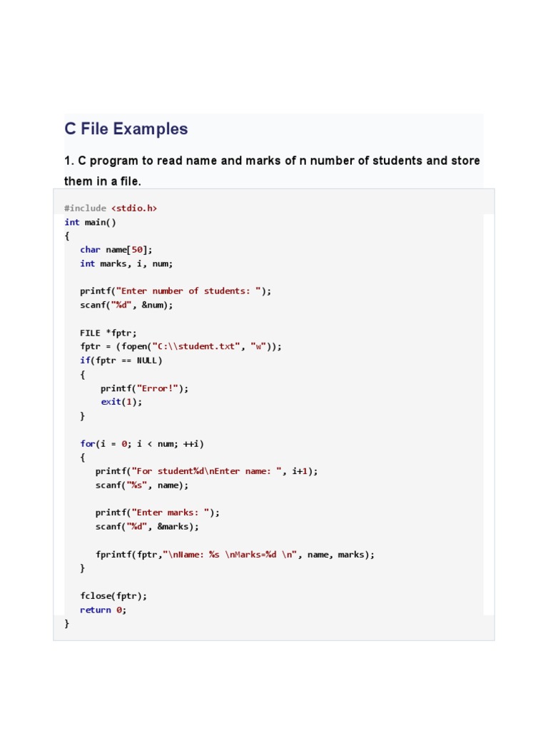 C File Examples: 1. C Program To Read Name and Marks of N Number of ...