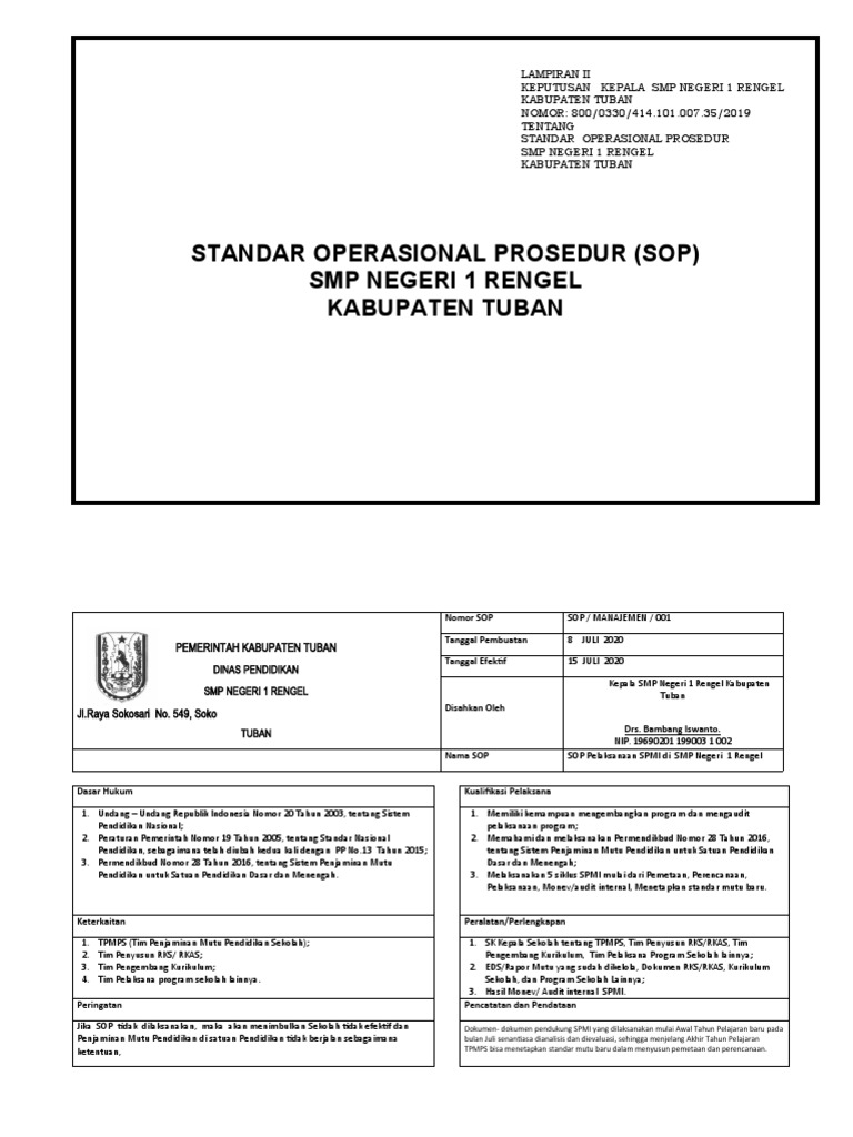 SOP Pelaksanaan SPMI SMP Negeri 1 Rengel | PDF