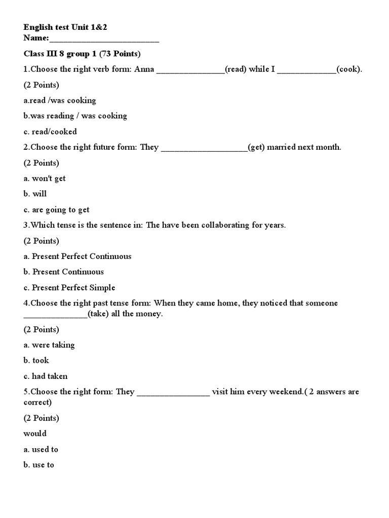 English Test Unit 1&2 Name: - Class III 8 Group 1 (73 Points) | PDF ...