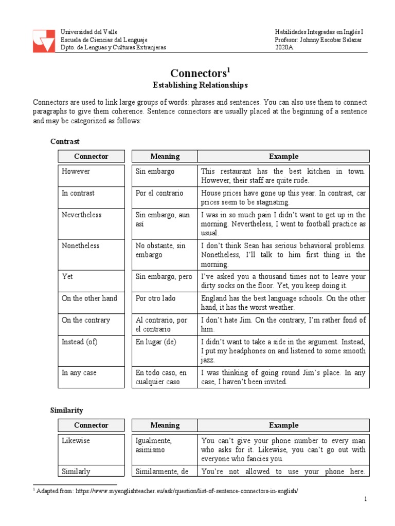 Connectors: Establishing Relationships | PDF | English Language