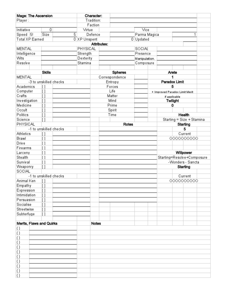 Mage The Ascension Character Sheet PDF Cognitive Science