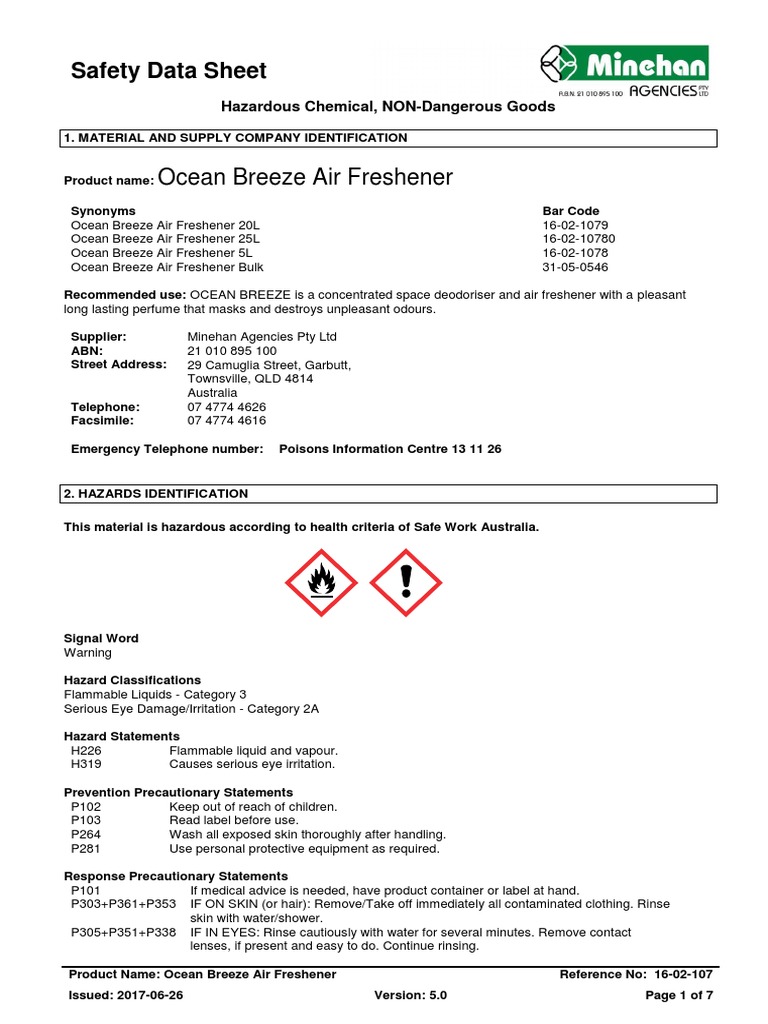 Ocean Breeze Air Freshener Safety Data Sheet PDF Toxicity