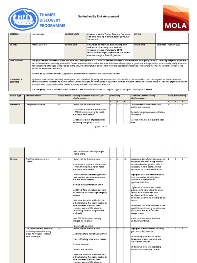 TDP Guided Walks Risk Assessment 2020 | PDF | Hand Washing | Risk