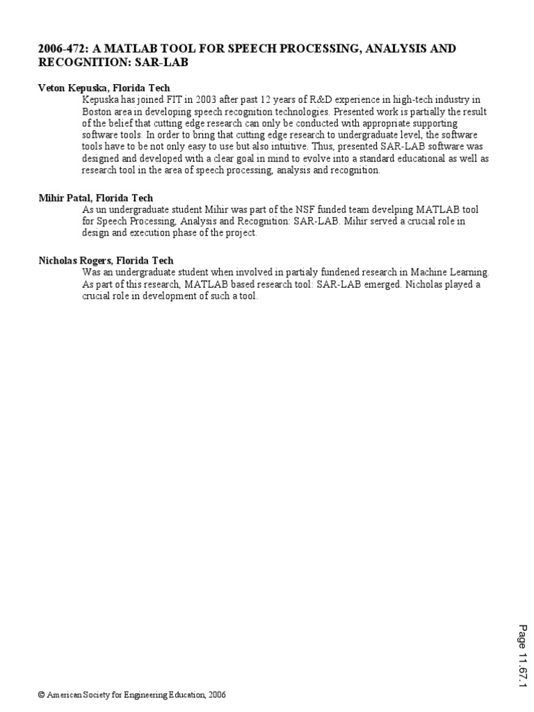 A Matlab Tool For Speech Processing Analysis and Recognition Sar Lab ...