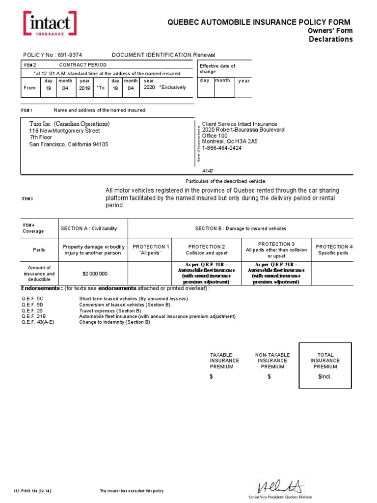 Quebec Automobile Insurance Policy Form Declarations Turo Inc. (Canadian Operations) PDF