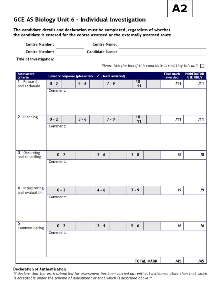 GCE AS Biology Unit 6 Investigation Form | PDF