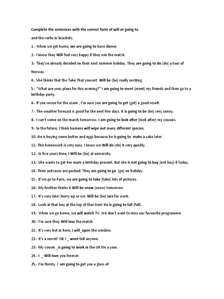 Complete The Sentences With The Correct Form of Will or Going To | PDF ...