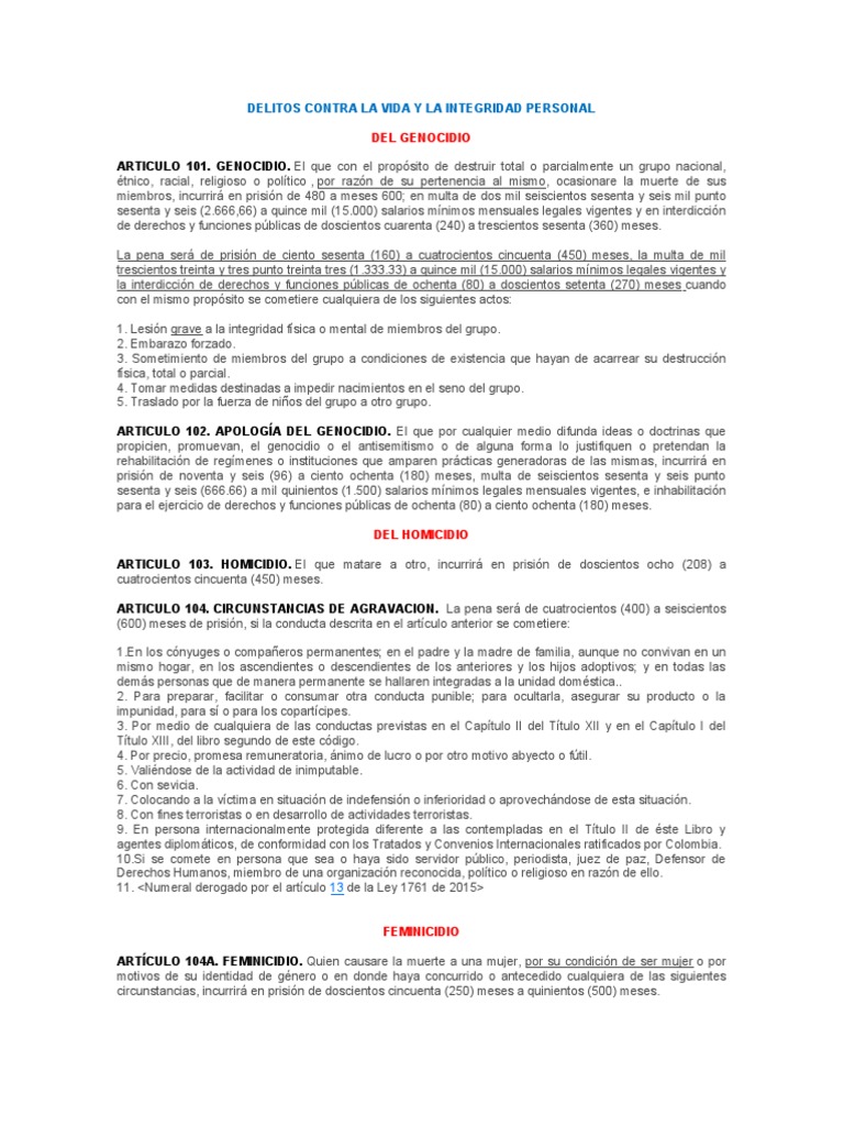 Delitos Contra La Vida y La Integridad Personal | PDF | Homicidio ...