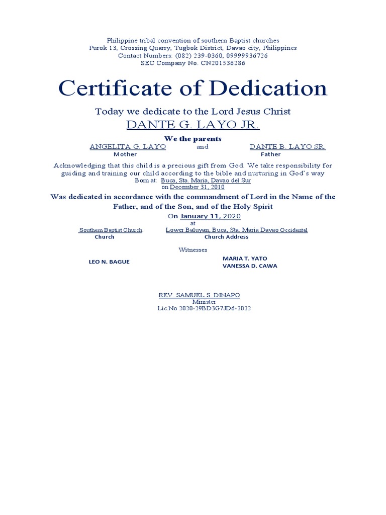 Certificate of Dedication | PDF | Baptists | Southern Baptist Convention