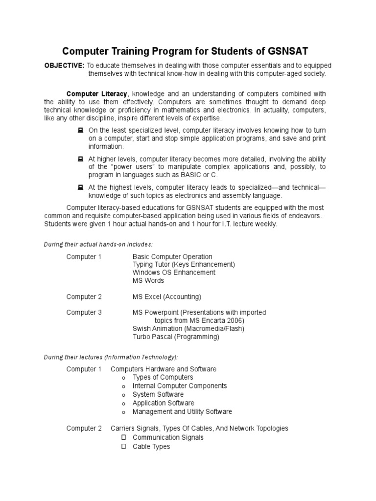 GSNSAT Computer Training Overview | PDF | Network Topology | Computer ...