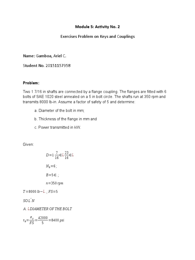 Exercises Problem No. 2 Keys and Coupling-1 | PDF | Science & Mathematics
