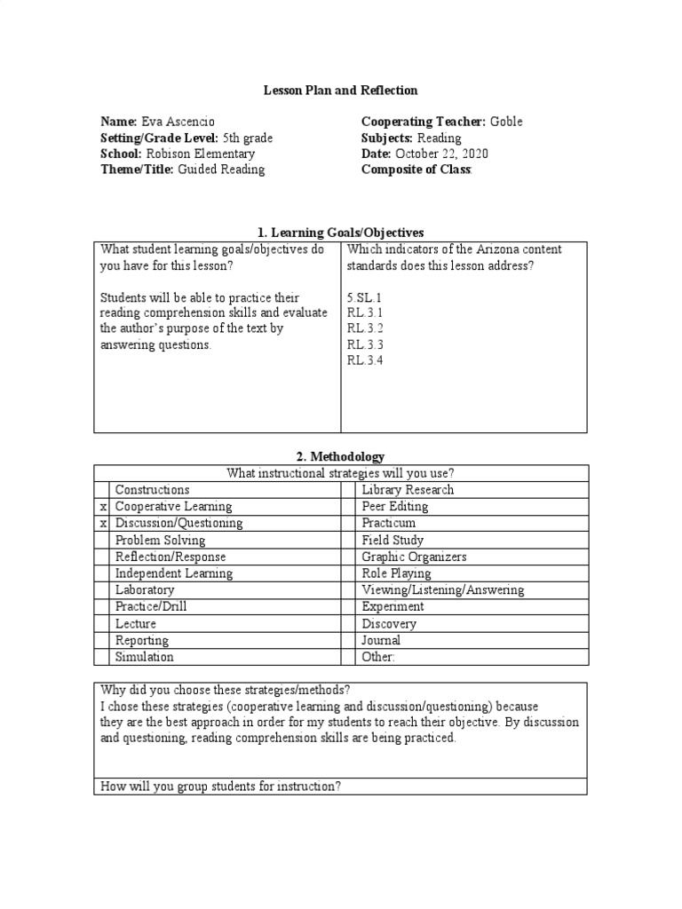 5th Grade Guided Reading Lesson Plan | PDF | Lesson Plan | Reading ...