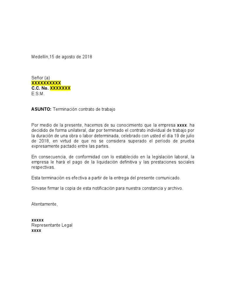 Carta Terminación Periodo de Prueba PDF