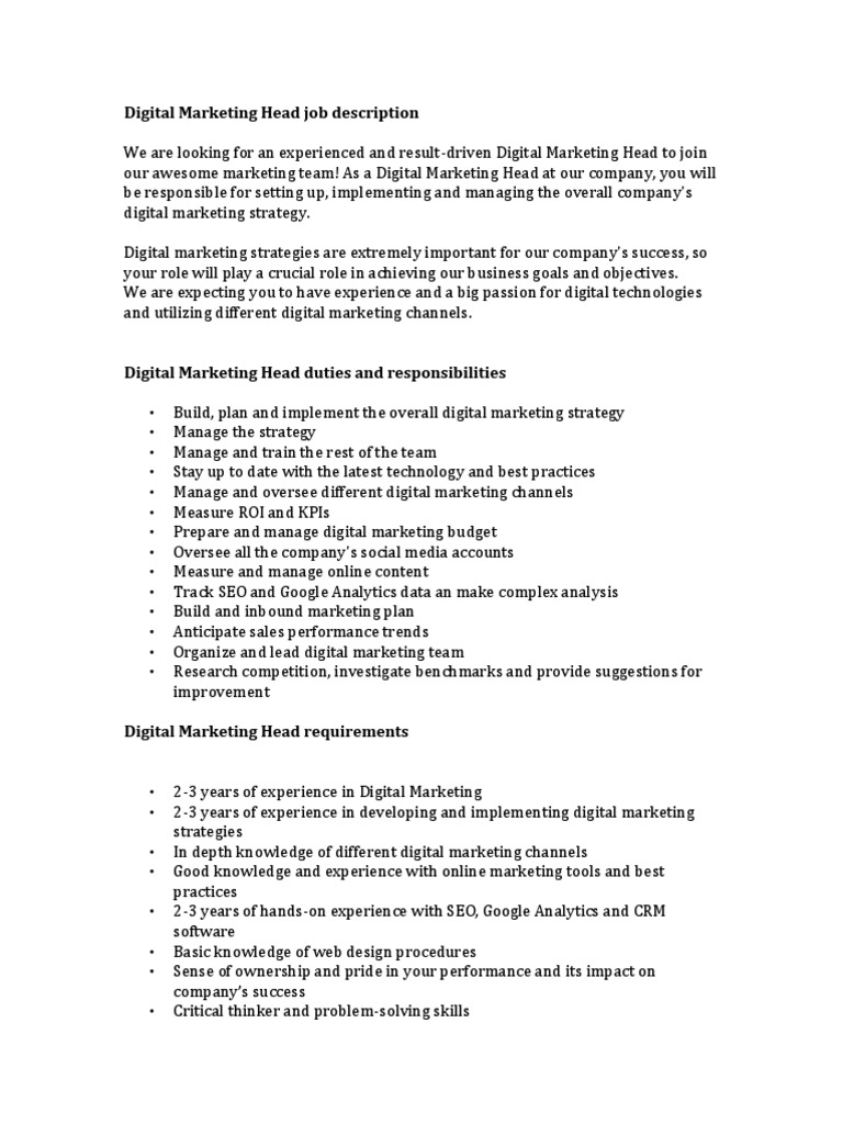 Digital Marketing Head Job Description | PDF | Digital Marketing ...