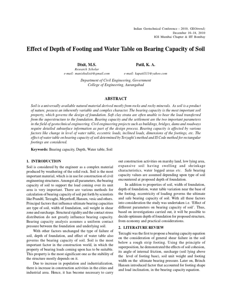 Effects If Depth of Footing and Water Table On Bearing Capacity of Soil ...