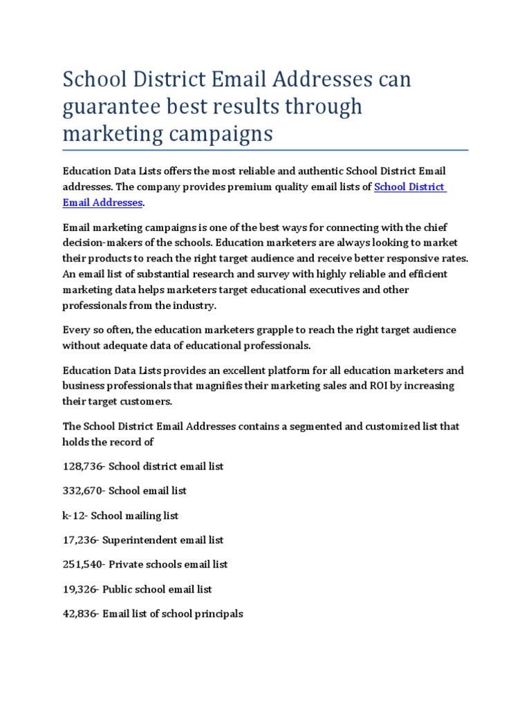 School District Email Addresses PDF Email Address Target Audience