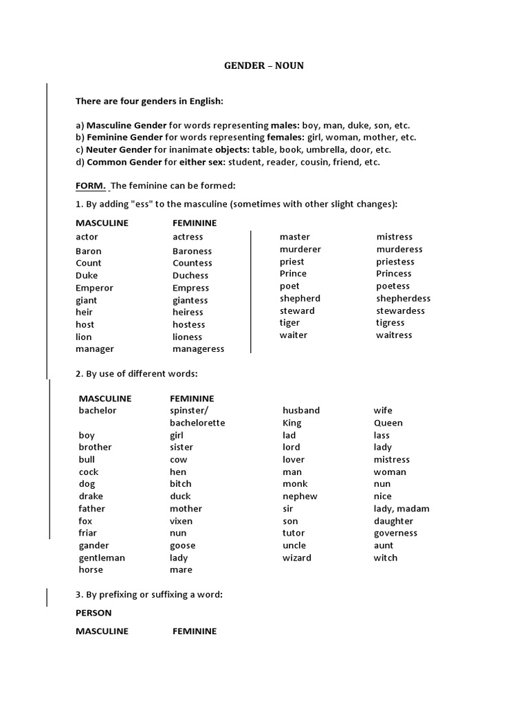 Gender Noun There Are Four Genders in English PDF Grammatical
