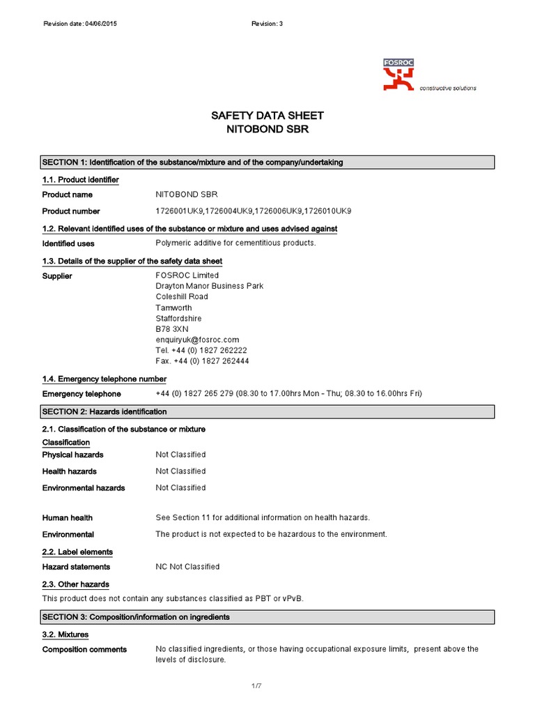Safety Data Sheet for Nitobond SBR PDF Dangerous Goods Prevention