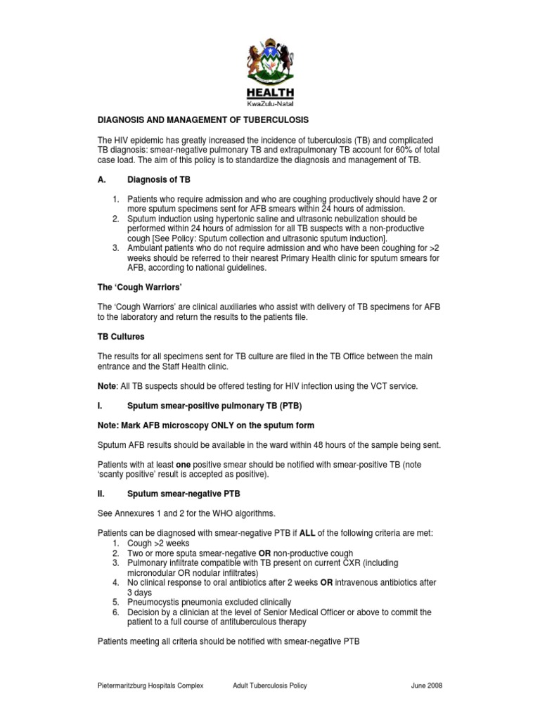 Pietermaritzburg TB Management Policy | PDF | Tuberculosis | Health Care