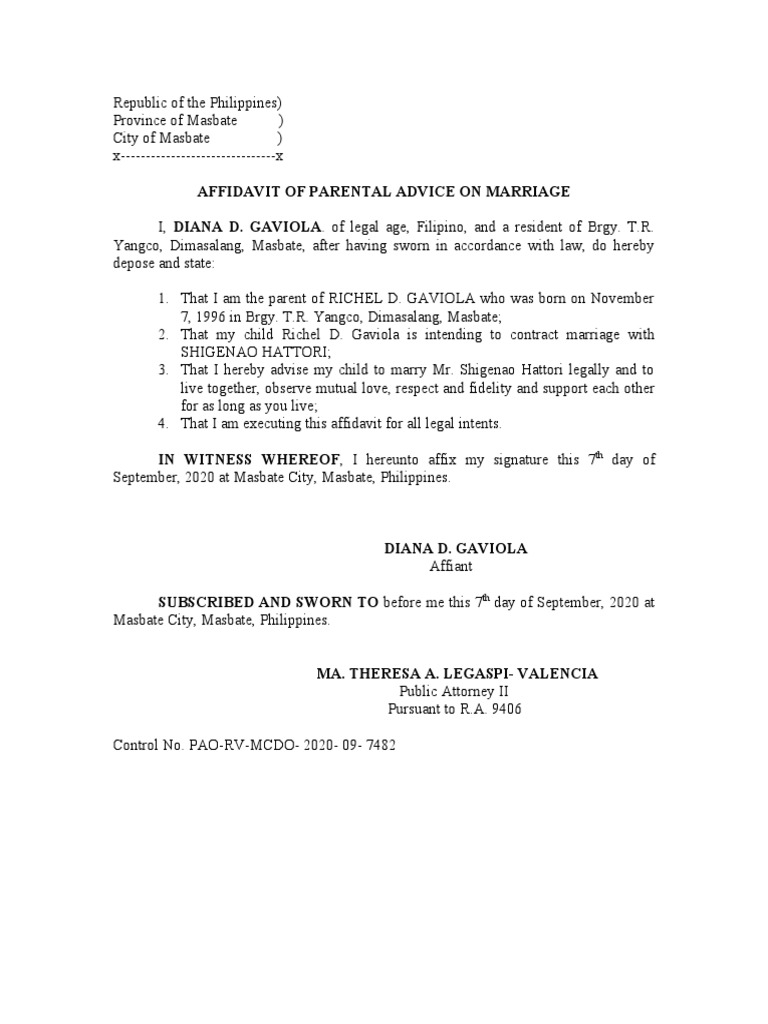Parental Advice Affidavit for Marriage | PDF | Law