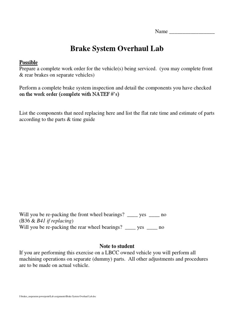 Brake System Overhaul Lab: Possible | PDF | Brake | Vehicles