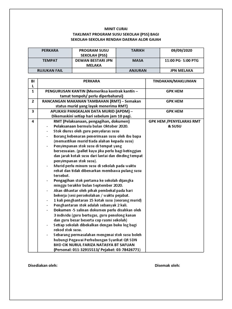 Minit Curai Taklimat Program Susu Sekolah (RMT) | PDF