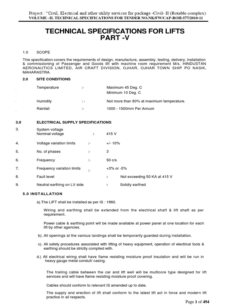 Technical Specifications For Lifts Part - V | PDF | Elevator | Door