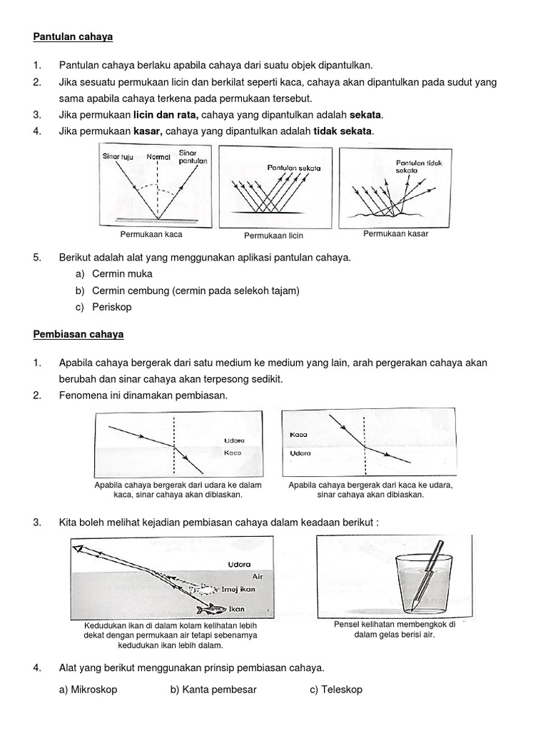 Nota Sains Tahun 4 Sifat Cahaya Pantulan Pembiasan Cahaya Pdf