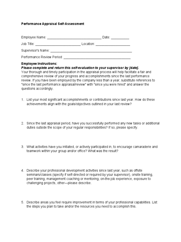 Self-Assessment for Performance Appraisal | PDF | Performance Appraisal ...
