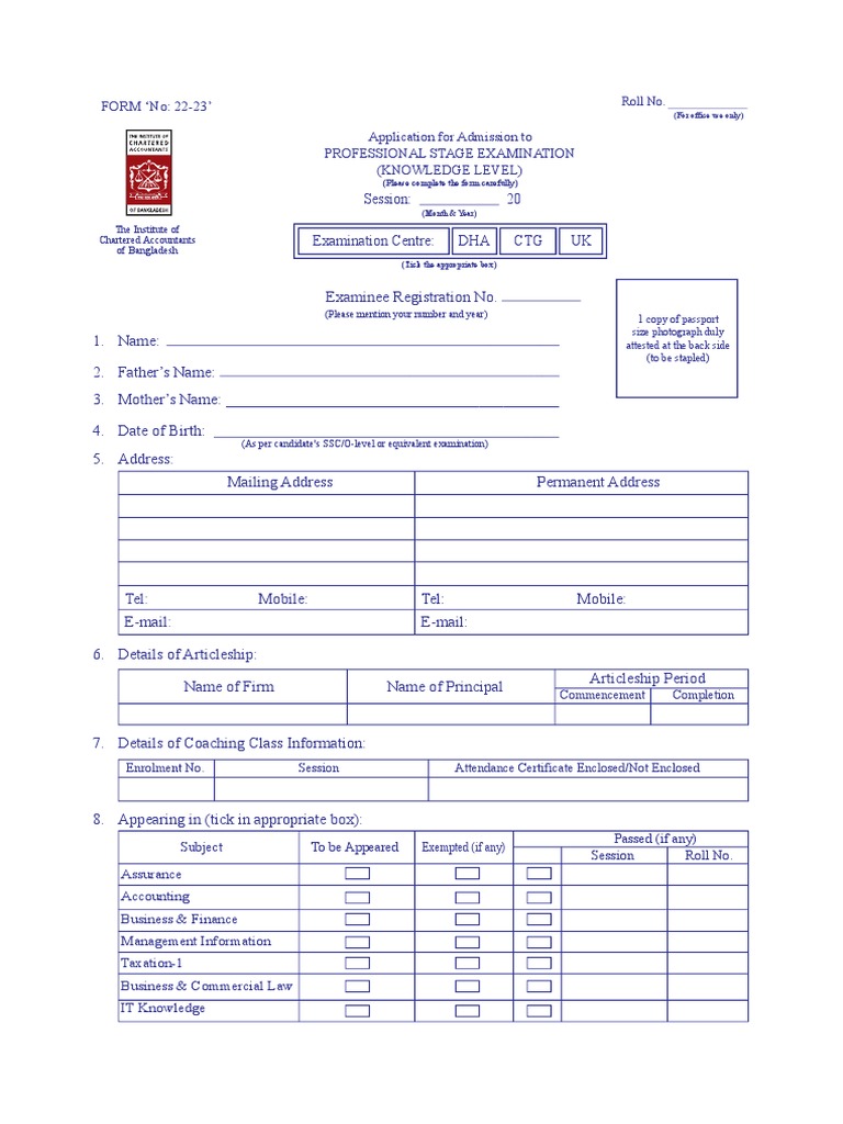 FORM No: 22-23' Application For Admission To Professional Stage ...