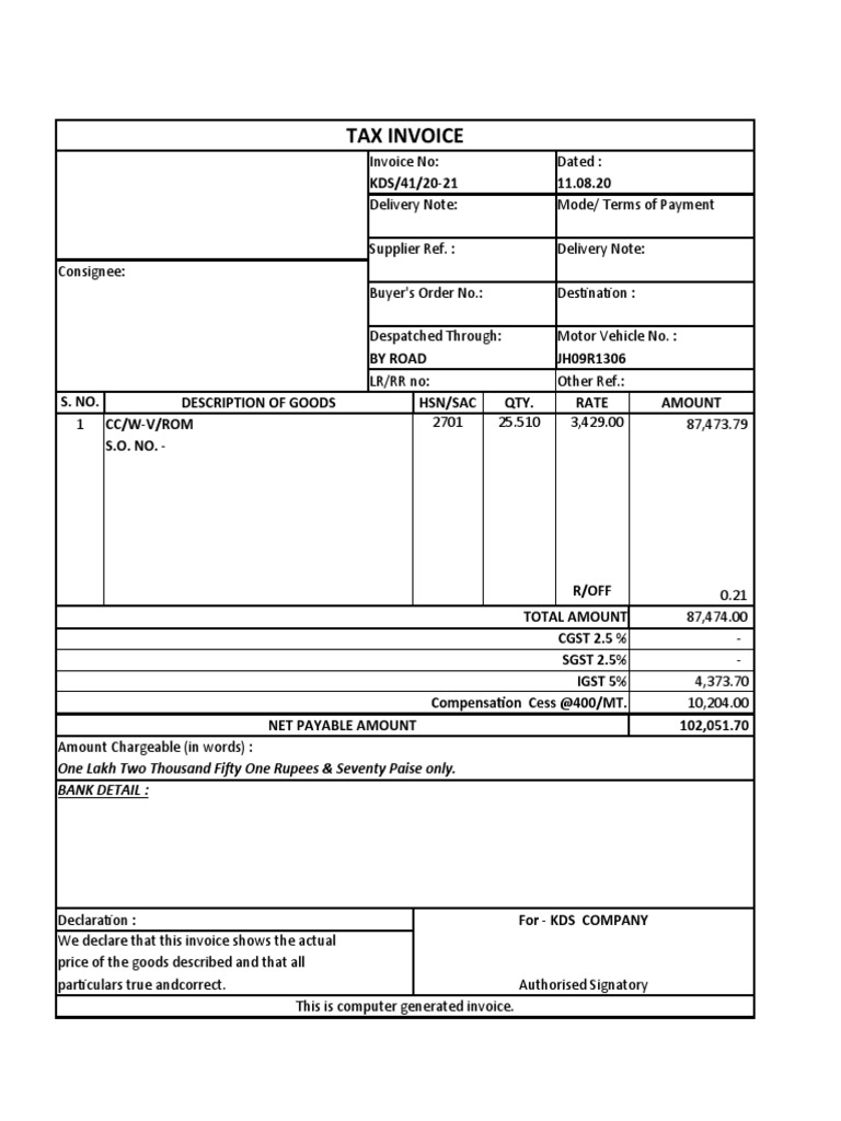 Tax Invoice: One Lakh Two Thousand Fifty One Rupees & Seventy Paise ...