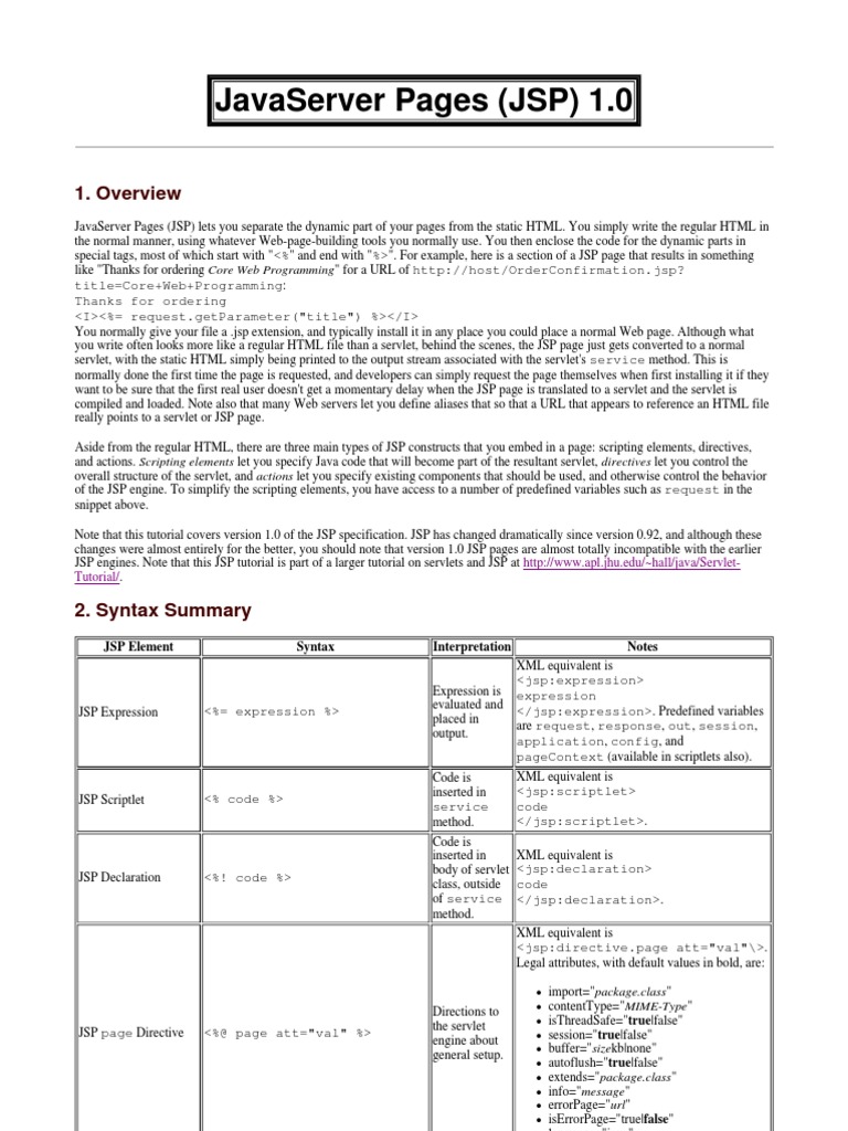 Javaserver Pages (JSP) 1.0: 1. Overview | PDF | Java Server Pages ...