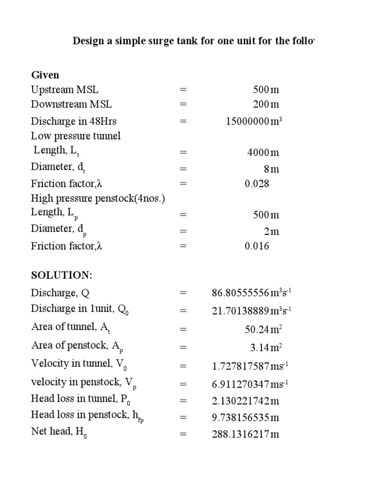 Design A Simple Surge Tank For One Unit For The Following Data Given | PDF