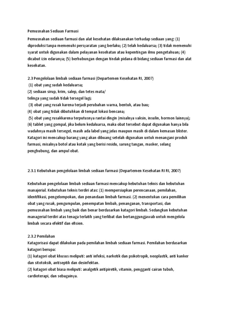 Pemusnahan Sediaan Farmasi dan Limbah | PDF | Kesehatan Holistik