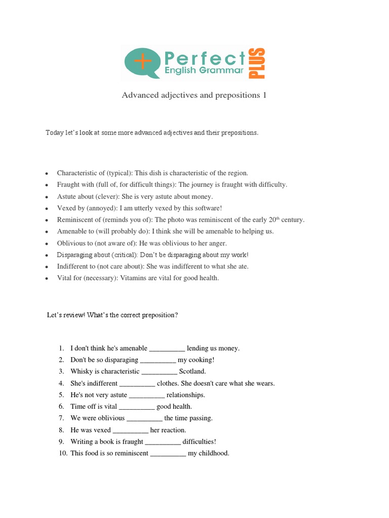 Advanced Adjectives and Prepositions 1 PDF | PDF | Self-Improvement