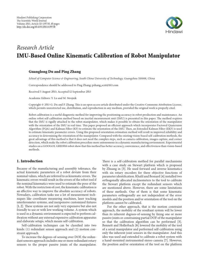 Research Article: IMU-Based Online Kinematic Calibration of Robot ...