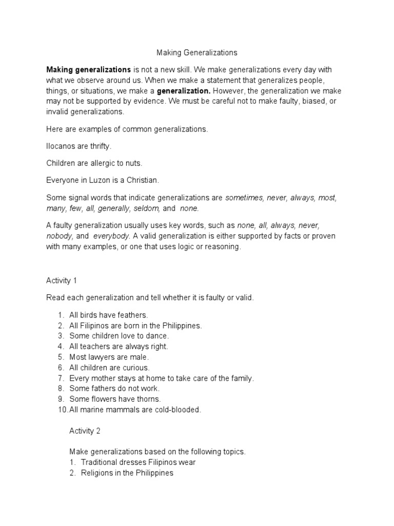 Making Generalizations | PDF
