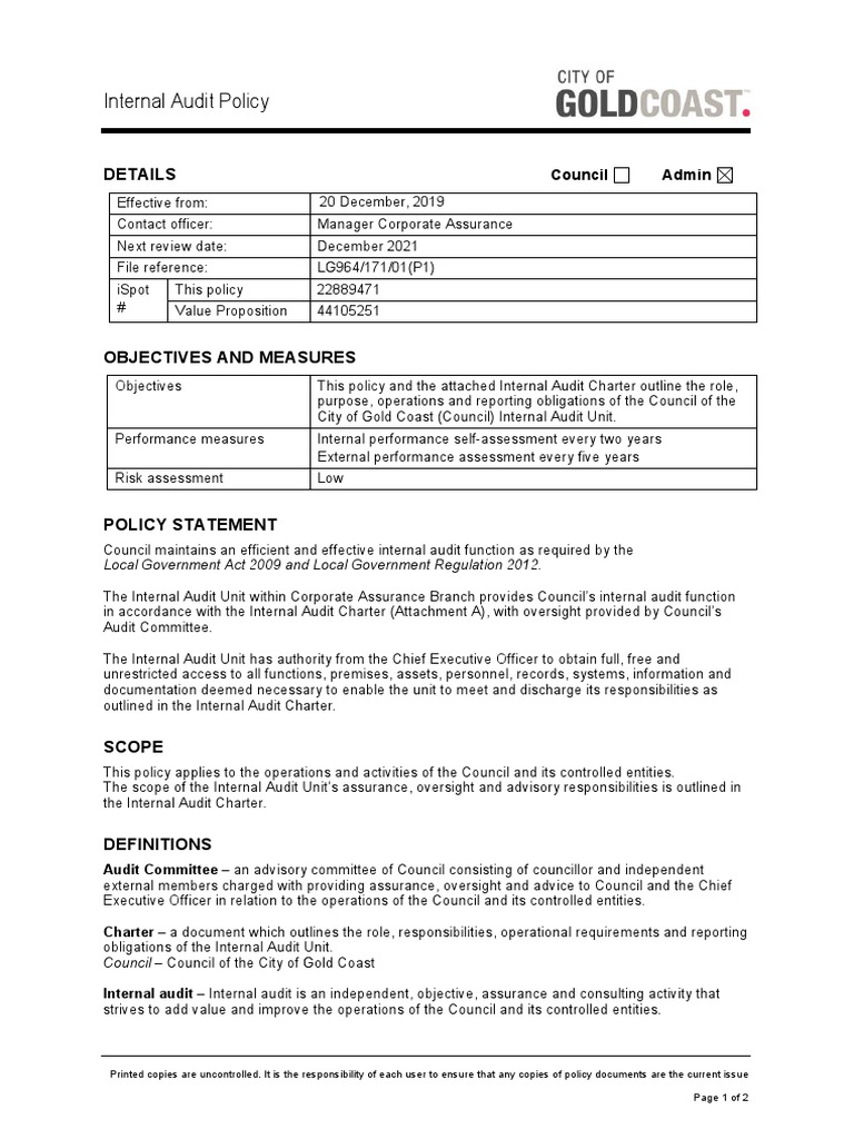 Gold Coast Council Audit Policy | PDF | Internal Audit | Internal Control