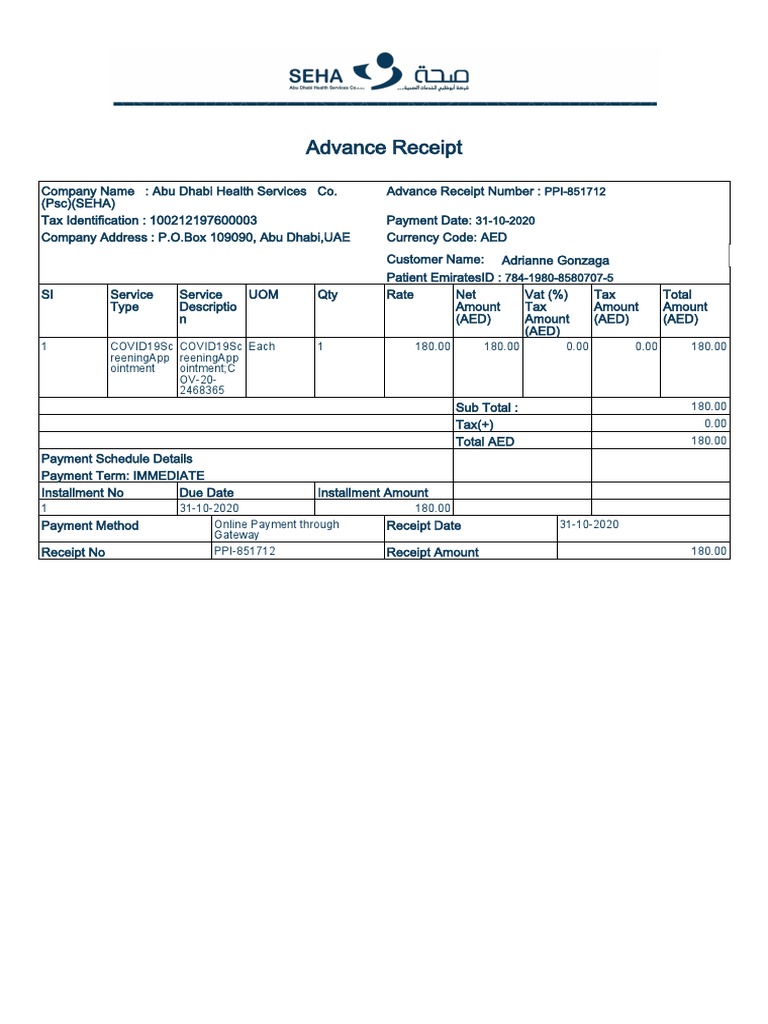PPI851712f Patient Advance Receipt PDF PDF