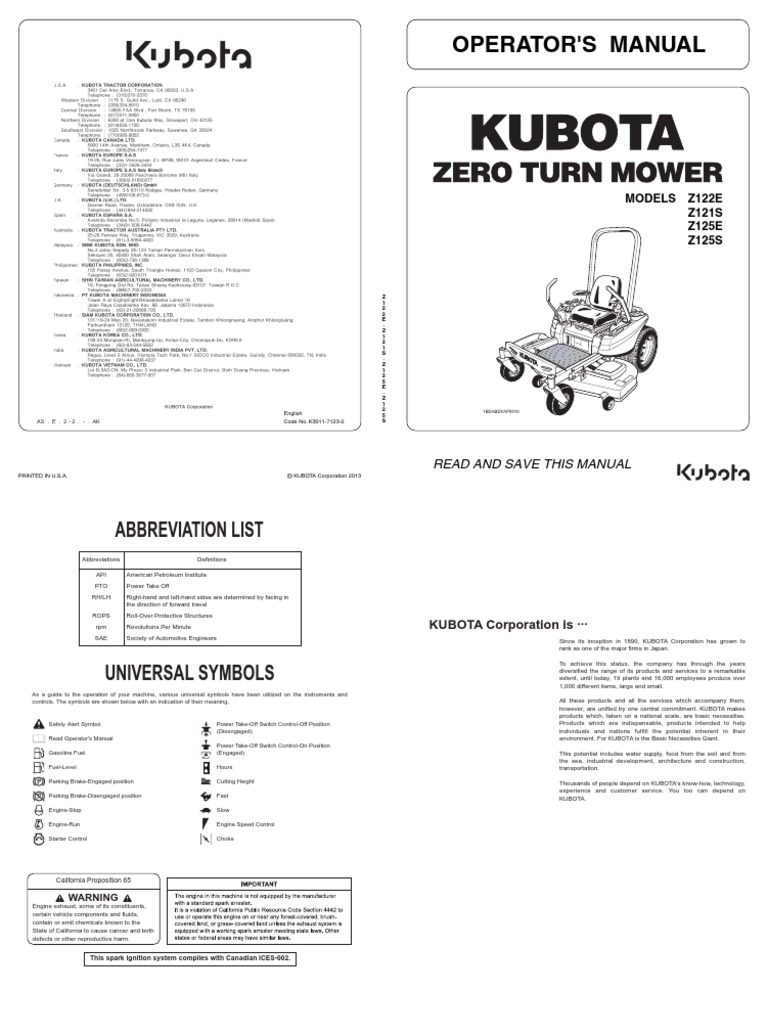 Kubota Z122E Z121S Z125E Z125S Lawn and Garden Tractor Operators