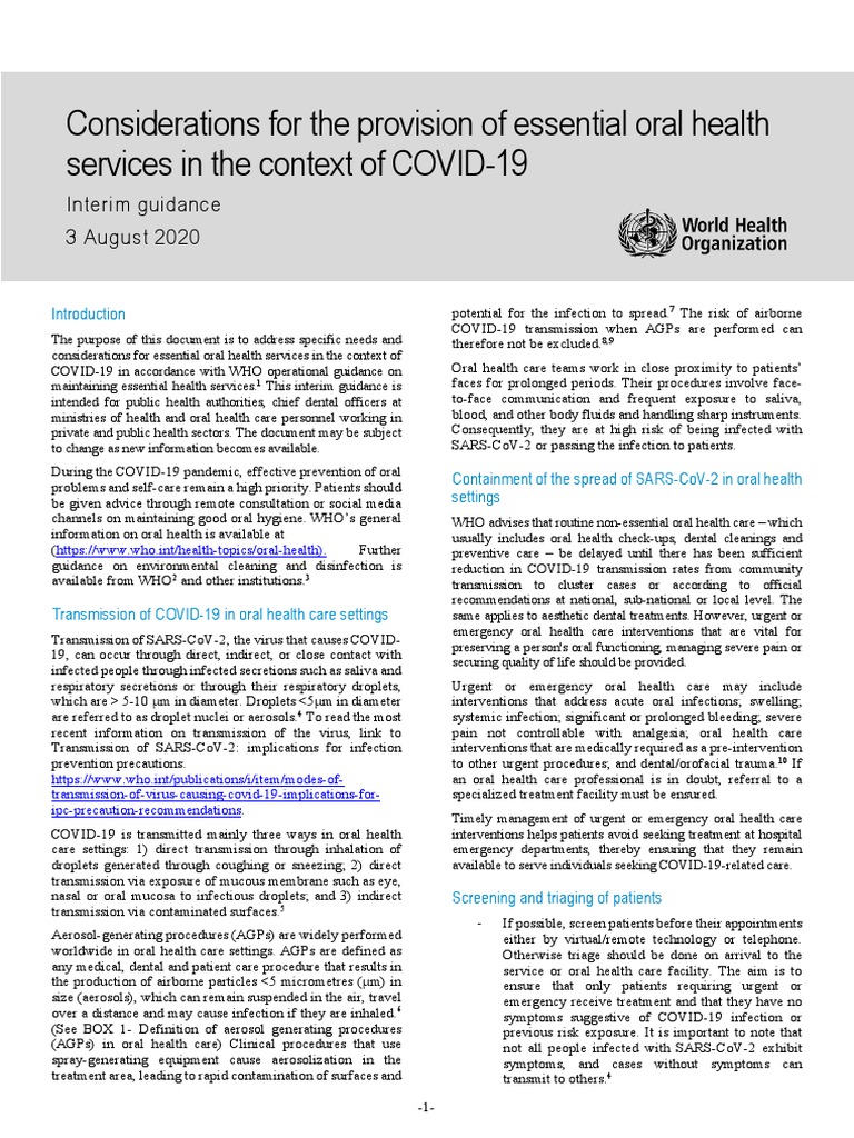 WHO 2019 nCoV Oral - Health 2020.1 Eng PDF | PDF | Transmission ...