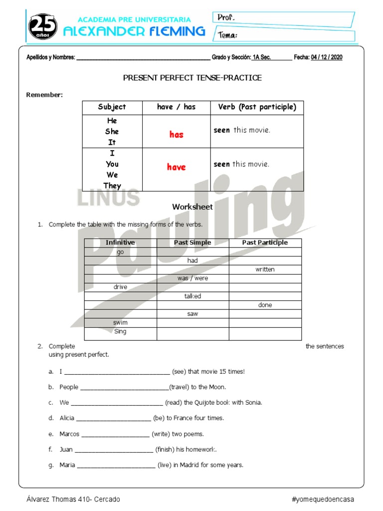 1a Sec - Present Perfect Tense - Practice | PDF | Language Mechanics ...