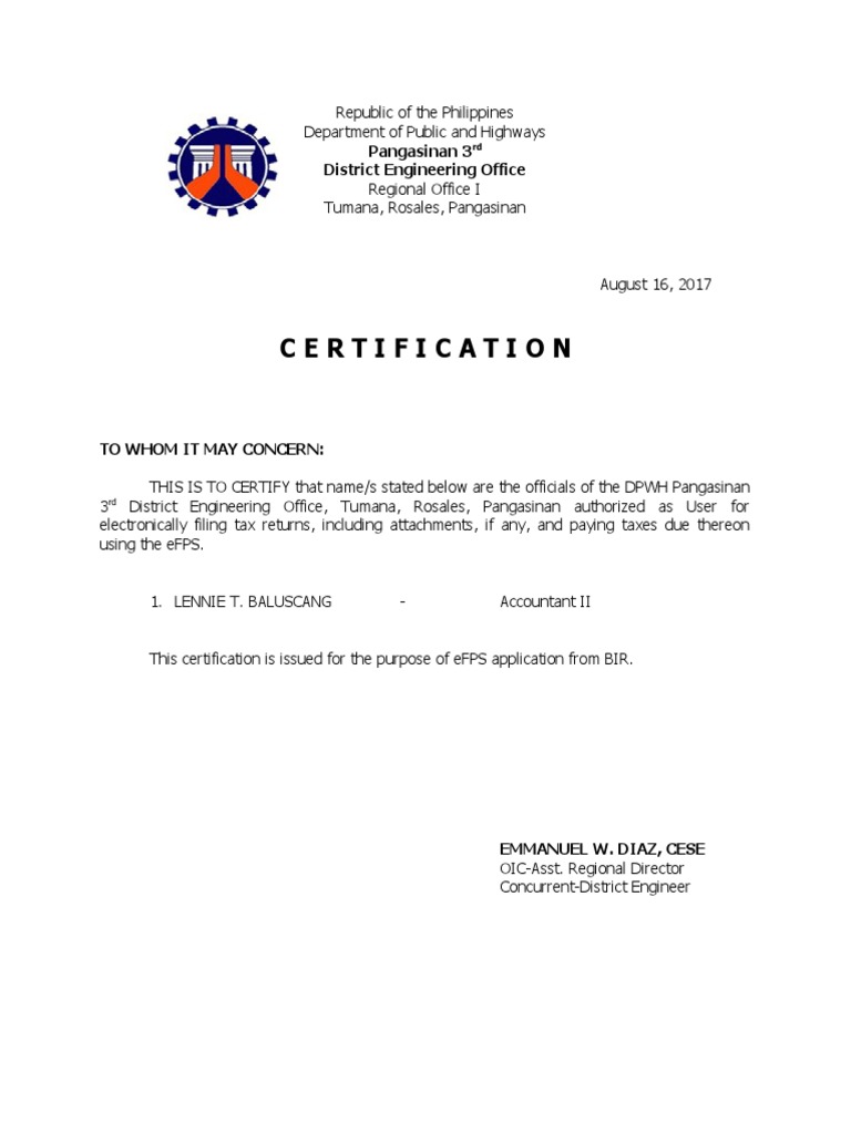 DPWH Pangasinan 3rd District Certification | PDF