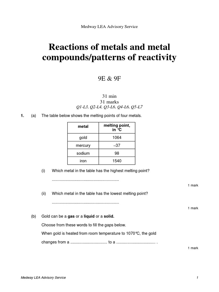 Metal Reactivity and Properties Assessment | PDF