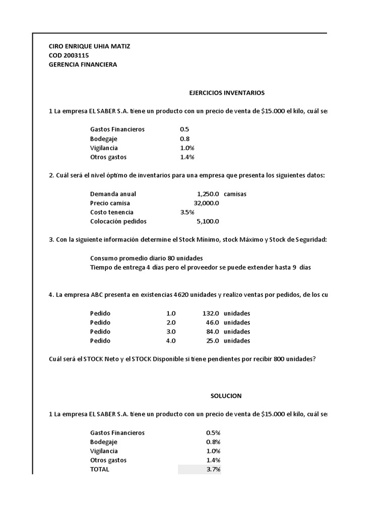 Ejercicios de Inventarios y Costos Financieros | PDF | Inventario ...