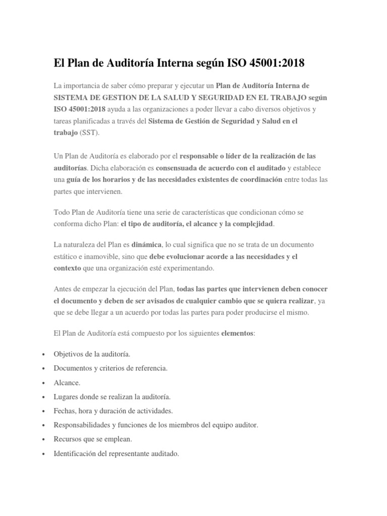 El Plan de Auditoría Interna de Calidad Según ISO 45001-2018 | PDF ...
